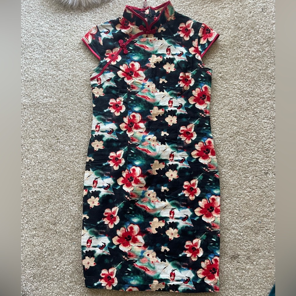 Oriental linen Chinese floral dress with mandarin collar chongsam qipao